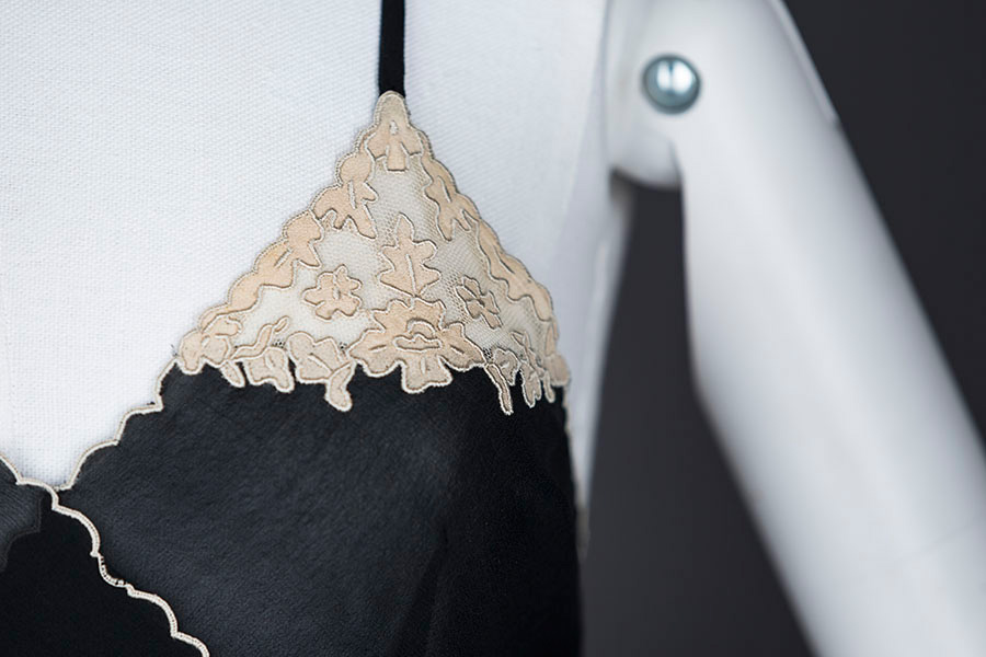 Kestos-style black silk and lace bralet - detail. Photography by Tigz Rice Studios. The Underpinnings Museum