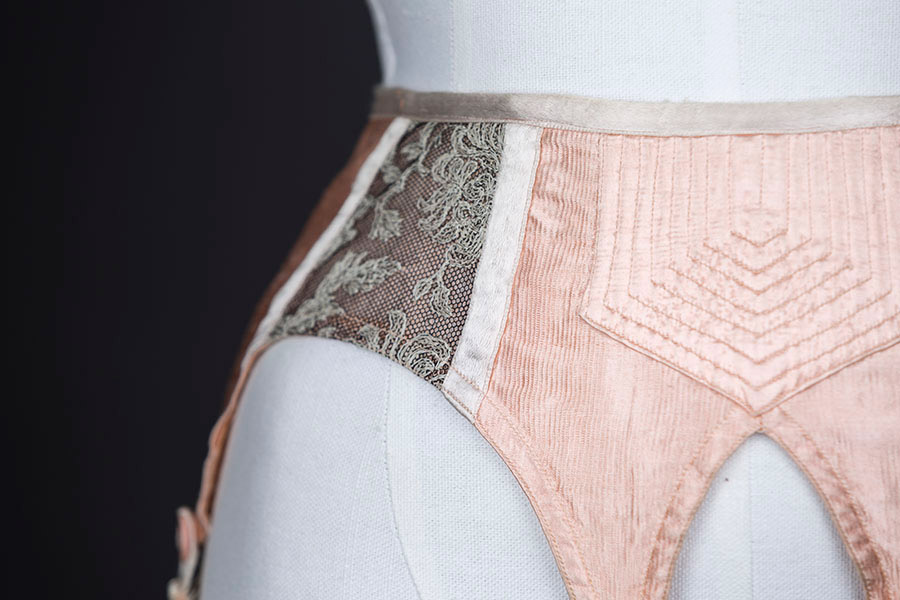 Quilted satin and embroidered tulle suspender belt Photography by Tigz Rice Studios The Underpinnings Museum