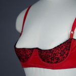 Red Nylon & Lace Padded Quarter Cup Bra By La Parisienne The Underpinnings Museum shot by Tigz Rice Studios 2017