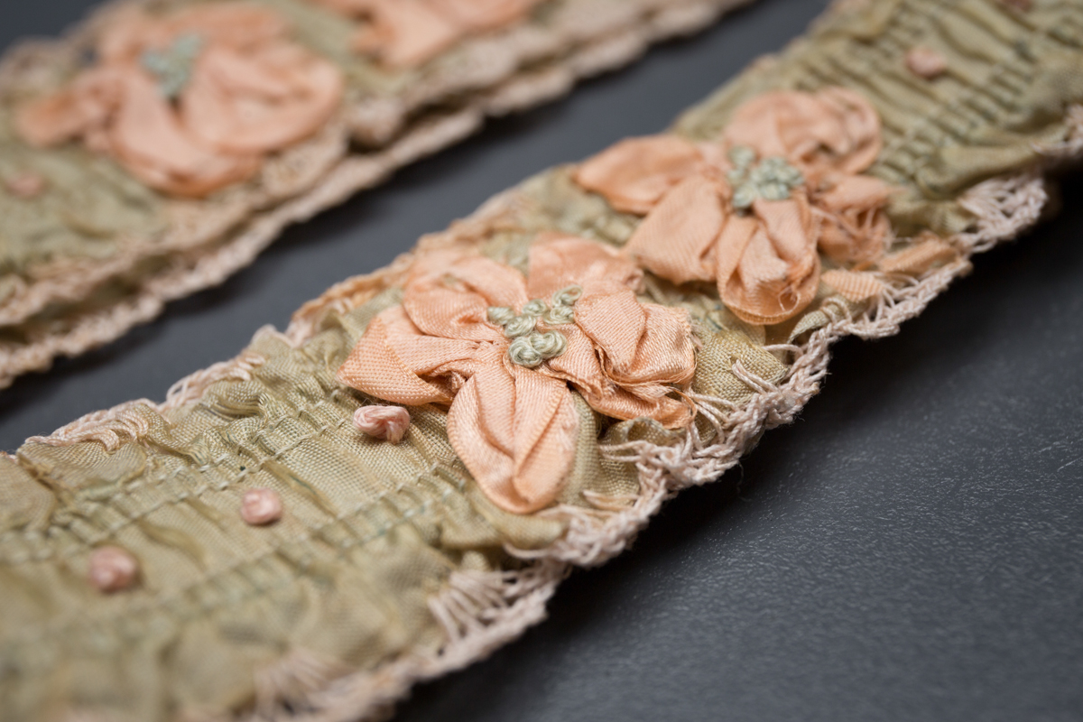 Green ribbon garters with crochet trim and French knot embroidery, 1920s, USA Photography by Tigz Rice Studios