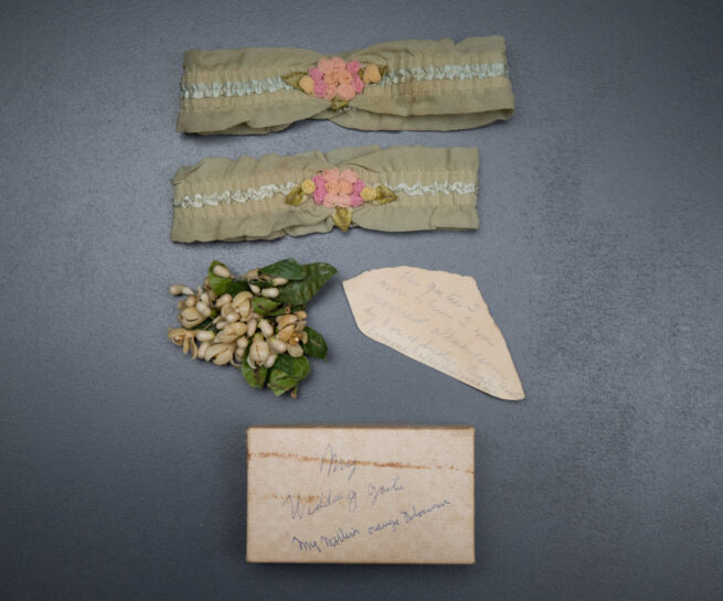 Green silk ribbonwork Bridal garters, c. 1930s, USA Photography by Tigz Rice Studios. From The Underpinnings Museum collection.
