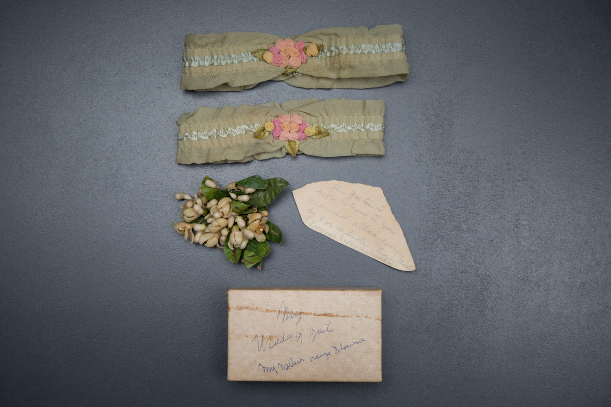 Green silk ribbonwork Bridal garters, c. 1930s, USA Photography by Tigz Rice Studios. From The Underpinnings Museum collection.