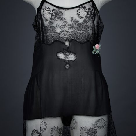 Black Silk & Lace Ribbonwork Step In, c. 1920s, USA. The Underpinnings Museum Photo by Tigz Rice