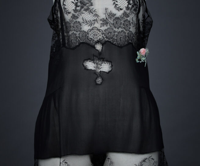 Black Silk & Lace Ribbonwork Step In, c. 1920s, USA. The Underpinnings Museum Photo by Tigz Rice