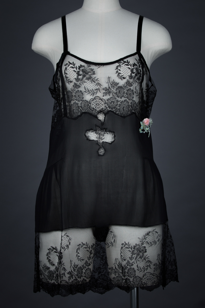 Black Silk & Lace Ribbonwork Step In, c. 1920s, USA. The Underpinnings Museum Photo by Tigz Rice
