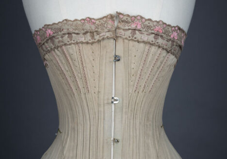 'Droit Devant Forme Nouvelle' Drab Coutil Corset With Flossing Embroidery, c, 1900-5, France. The Underpinnings Museum. Photography by Tigz Rice