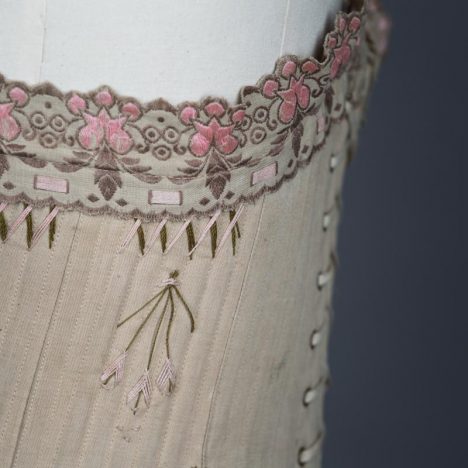 'Droit Devant Forme Nouvelle' Drab Coutil Corset With Flossing Embroidery, c, 1900-5, France. The Underpinnings Museum. Photography by Tigz Rice