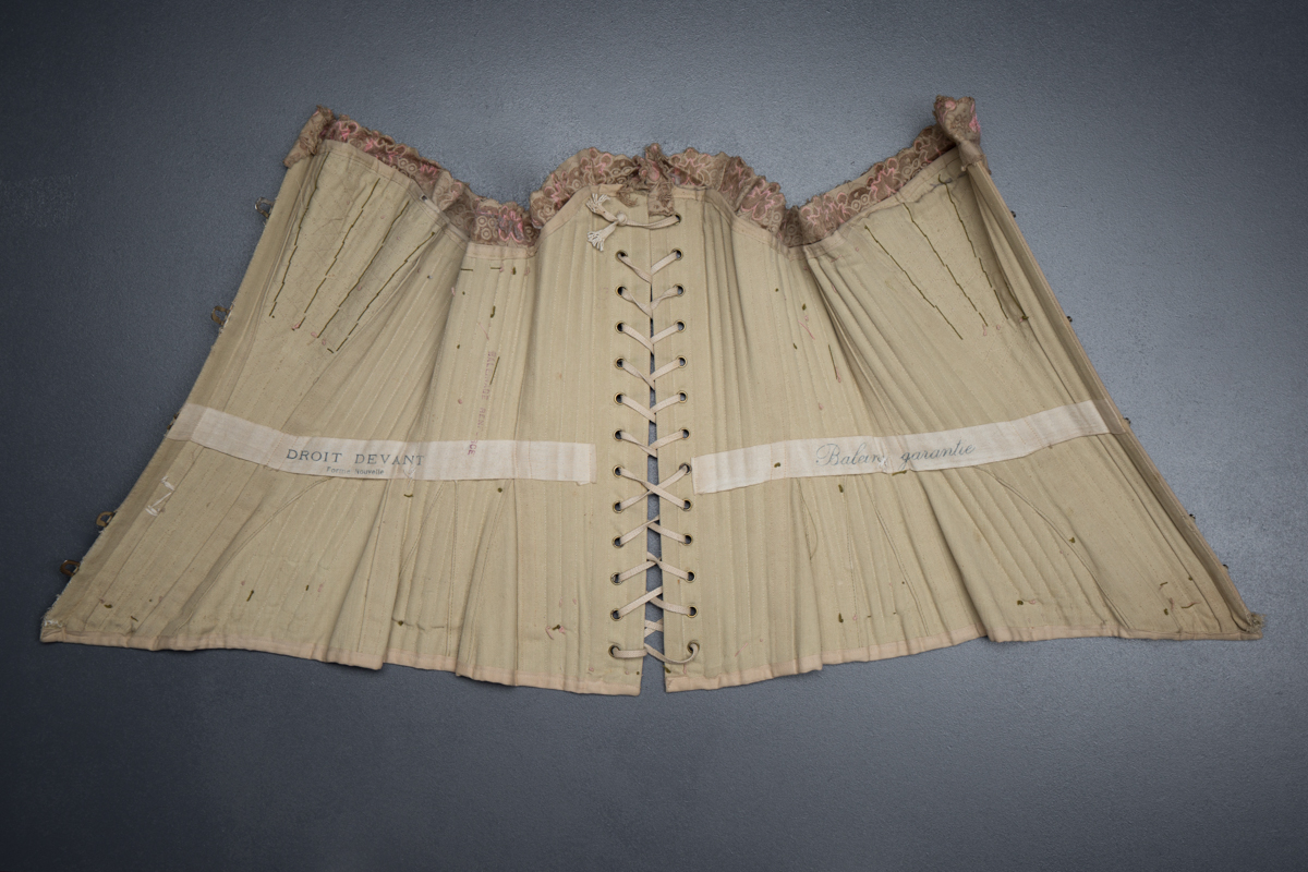 'Droit Devant Forme Nouvelle' Drab Coutil Corset With Flossing Embroidery, c, 1900-5, France. The Underpinnings Museum. Photography by Tigz Rice