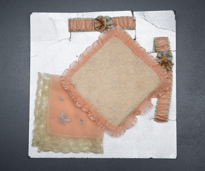 Silk Ribbon Garter & Embroidered Handkerchief Gift Set, c. 1920s, USA. The Underpinnings Museum. Photo by Tigz Rice