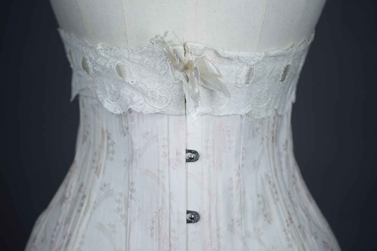 Floral Brocade Coutil Corset With Suspenders & Lace Trim By K&S, c. 1910s, Sweden. The Underpinnings Museum. Photography by Tigz Rice