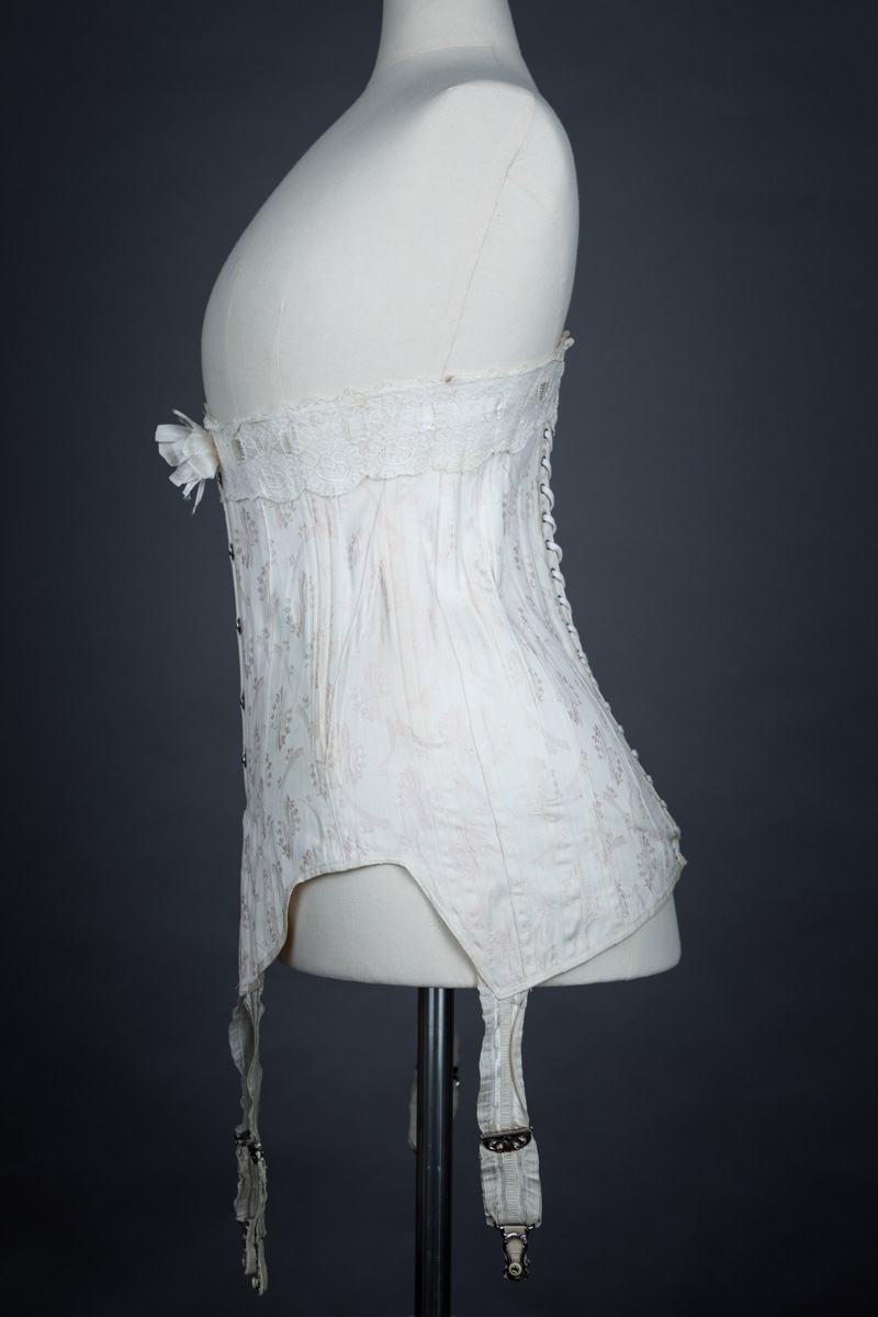 Floral Brocade Coutil Corset With Suspenders & Lace Trim By K&S, c. 1910s, Sweden. The Underpinnings Museum. Photography by Tigz Rice