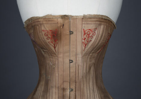 Brown cotton corset with embroidered bust gores, c. 1890s, USA From The Underpinnings Museum collection Photography by Tigz Rice