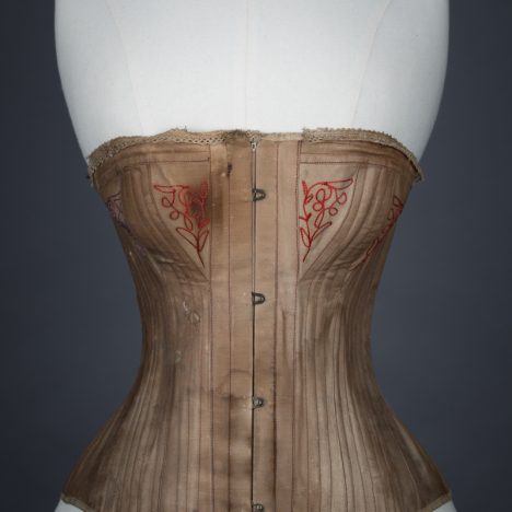 Brown cotton corset with embroidered bust gores, c. 1890s, USA From The Underpinnings Museum collection Photography by Tigz Rice