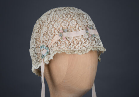 Chemical lace boudoir cap with ribbonwork, c. 1920s, GB, The Underpinnings Museum. Photo by Tigz Rice