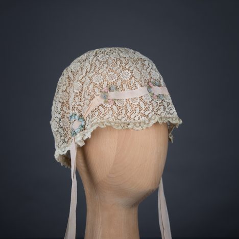 Chemical lace boudoir cap with ribbonwork, c. 1920s, GB, The Underpinnings Museum. Photo by Tigz Rice