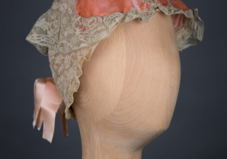 Coral Pink Silk Velvet, Embroidered Tulle & Leavers Lace Boudoir Cap, c.1910s, GB. The Underpinnings Museum, Photo by Tigz Rice