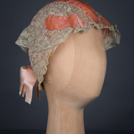 Coral Pink Silk Velvet, Embroidered Tulle & Leavers Lace Boudoir Cap, c.1910s, GB. The Underpinnings Museum, Photo by Tigz Rice