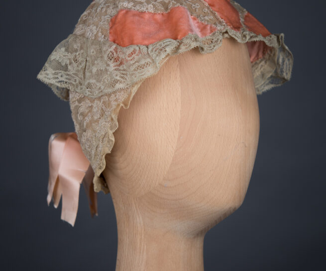 Coral Pink Silk Velvet, Embroidered Tulle & Leavers Lace Boudoir Cap, c.1910s, GB. The Underpinnings Museum, Photo by Tigz Rice