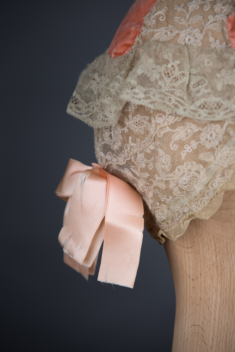 Coral Pink Silk Velvet, Embroidered Tulle & Leavers Lace Boudoir Cap, c.1910s, GB. The Underpinnings Museum, Photo by Tigz Rice