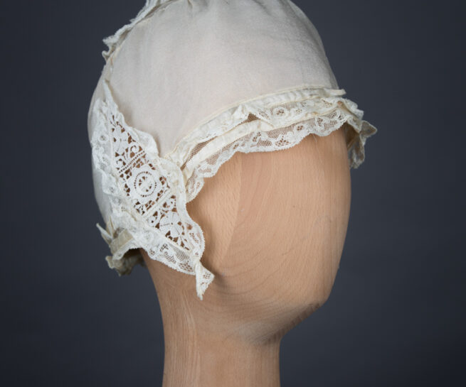 Ivory Silk Crepe & Lace Ruffle Boudoir Cap, c. 1910s, GB, The Underpinnings Museum, Photo by Tigz Rice