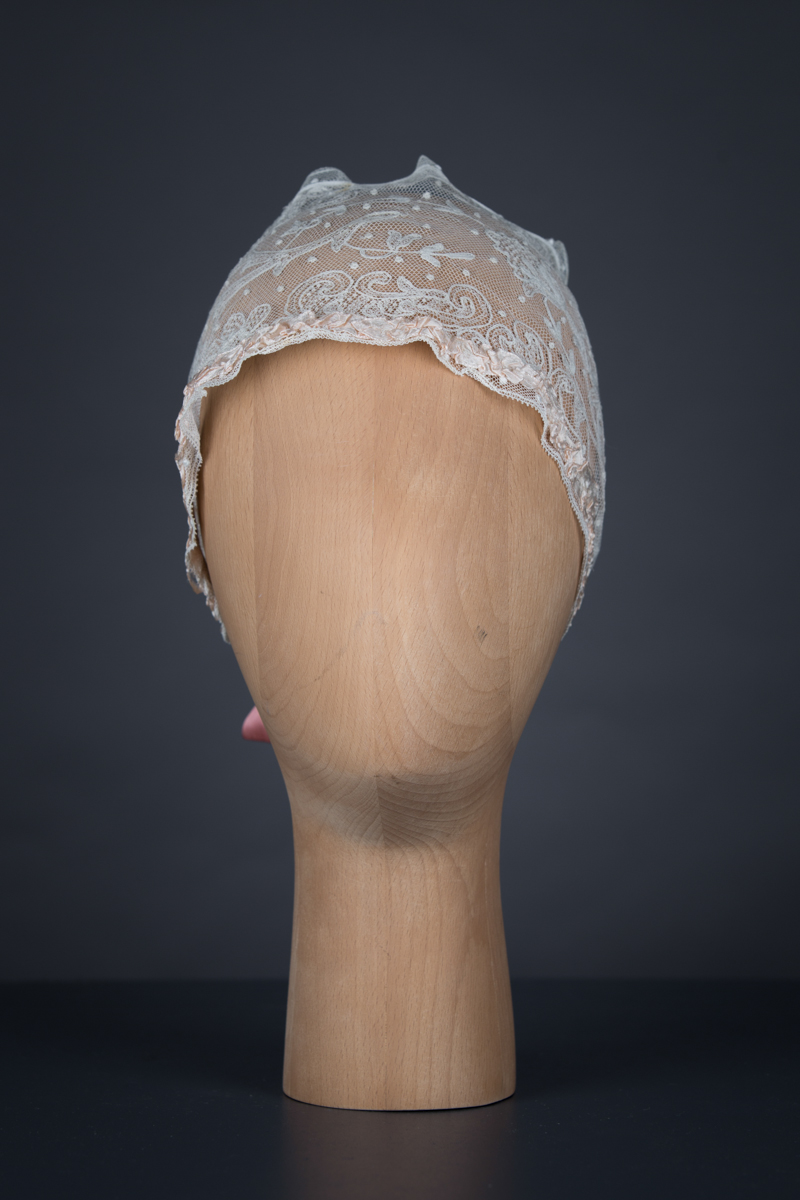 Lace & ruffle silk ribbon boudoir headband, c. 1920s, GB. The Underpinnings Museum. Photo by Tigz Rice
