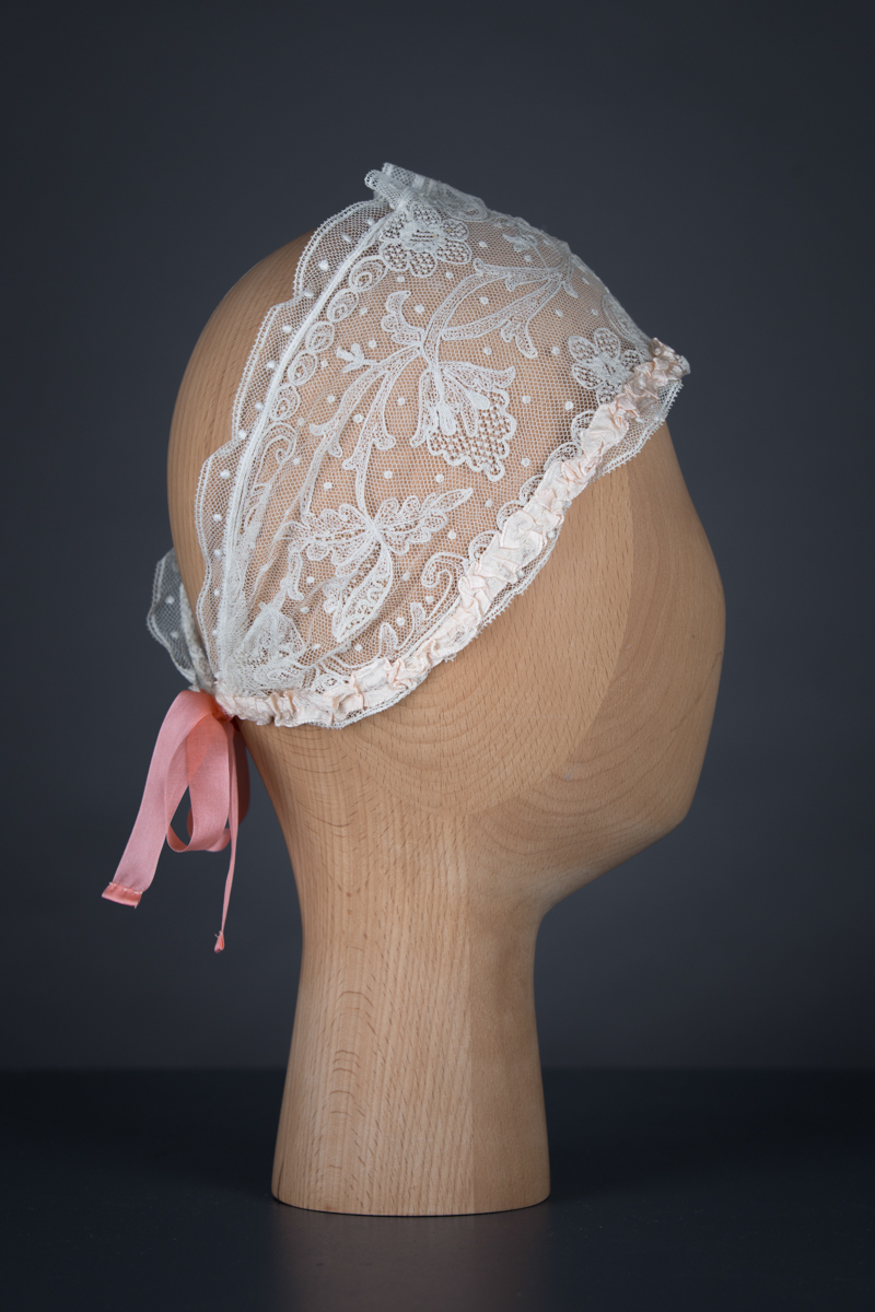 Lace & ruffle silk ribbon boudoir headband, c. 1920s, GB. The Underpinnings Museum. Photo by Tigz Rice
