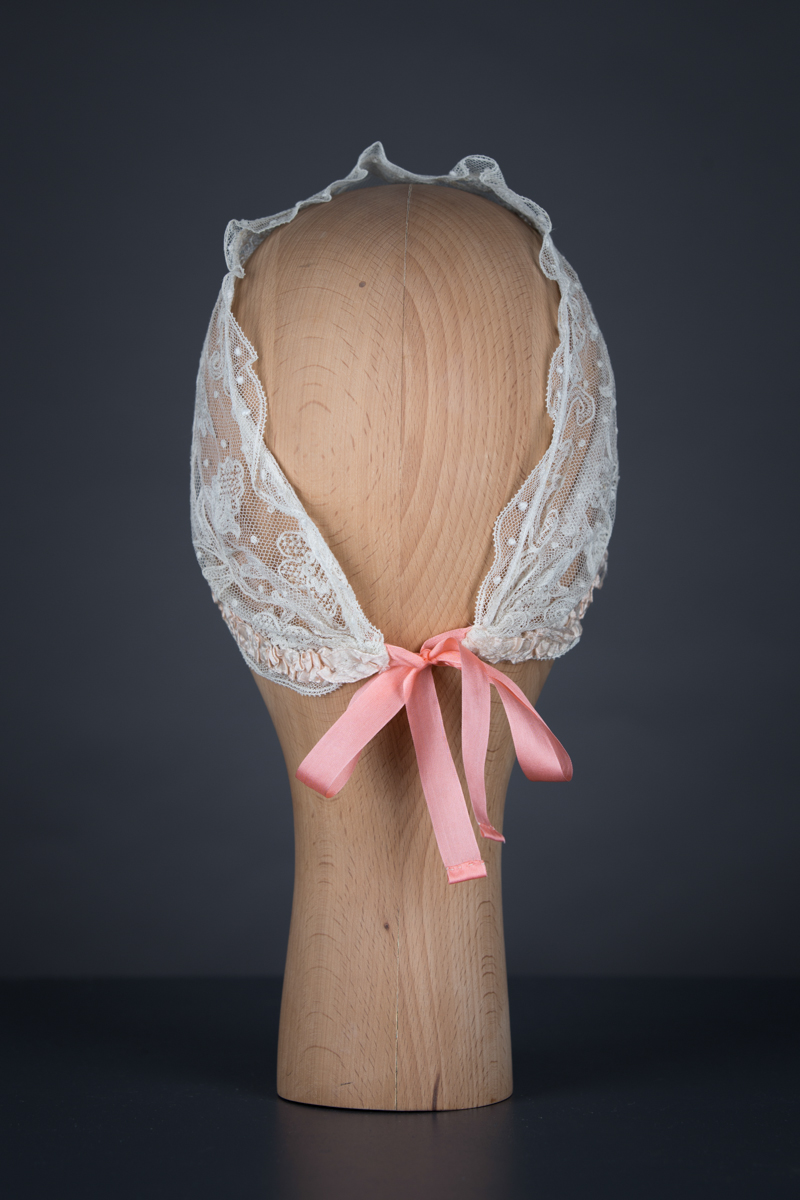 Lace & ruffle silk ribbon boudoir headband, c. 1920s, GB. The Underpinnings Museum. Photo by Tigz Rice