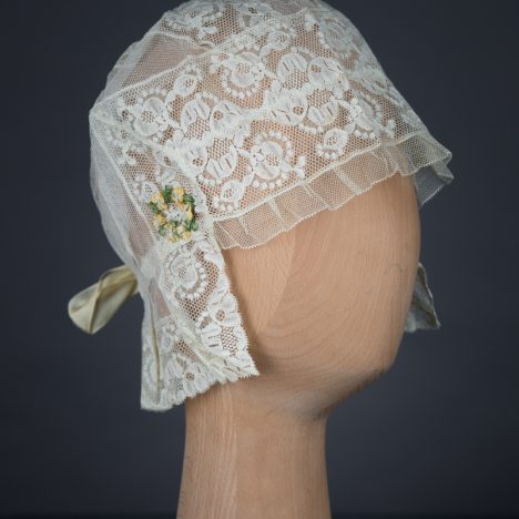 Lace, tulle and silk bow boudoir cap, c. 1910s, Au Bon Marché, France. The Underpinnings Museum, Photo by Tigz Rice