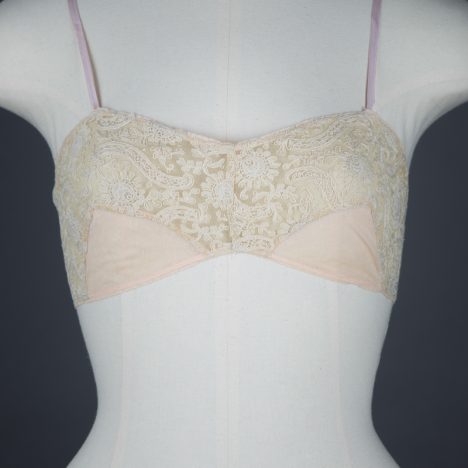 Schiffli Embroidery & Cotton Tulle Bandeau Bra, c. 1920s, GB. The Underpinnings Museum. Photo by Tigz Rice