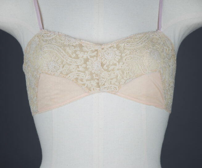 Schiffli Embroidery & Cotton Tulle Bandeau Bra, c. 1920s, GB. The Underpinnings Museum. Photo by Tigz Rice