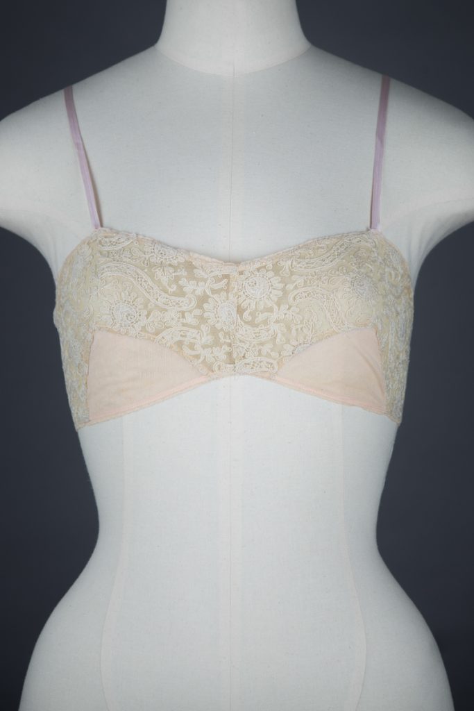 Schiffli Embroidery & Cotton Tulle Bandeau Bra, c. 1920s, GB. The Underpinnings Museum. Photo by Tigz Rice