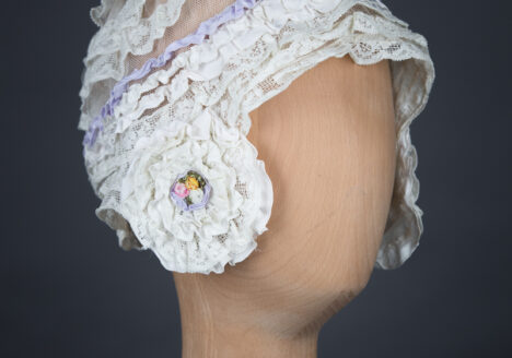 Cotton Leavers Lace Ruffle & Tulle Boudoir Cap With Silk Ribbonwork, c.1920s, UK. The Underpinnings Museum. Photography by Tigz Rice