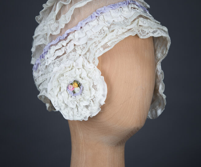 Cotton Leavers Lace Ruffle & Tulle Boudoir Cap With Silk Ribbonwork, c.1920s, UK. The Underpinnings Museum. Photography by Tigz Rice