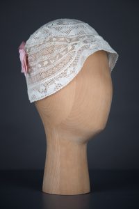 Cotton Leavers Lace & Silk Bow Boudoir Cap, c.1920s, UK. The Underpinnings Museum. Photography by Tigz Rice