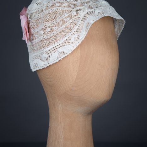 Cotton Leavers Lace & Silk Bow Boudoir Cap, c.1920s, UK. The Underpinnings Museum. Photography by Tigz Rice