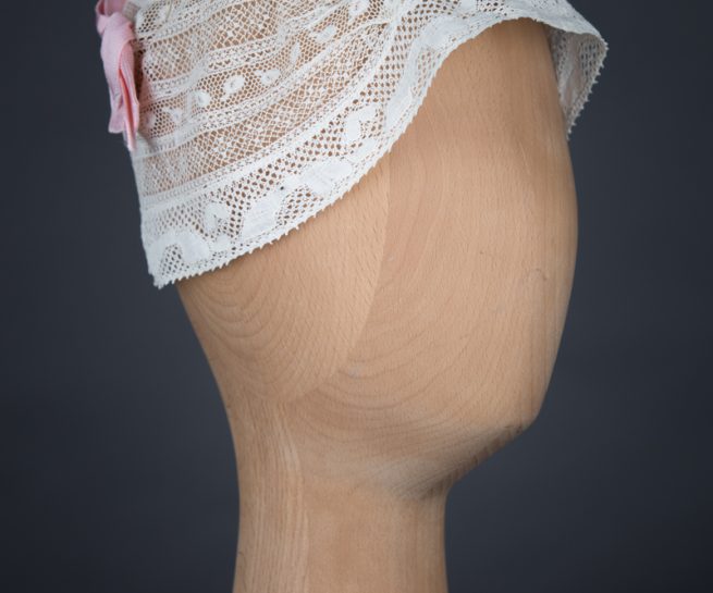 Cotton Leavers Lace & Silk Bow Boudoir Cap, c.1920s, UK. The Underpinnings Museum. Photography by Tigz Rice