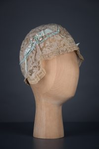 Lace & Silk Ribbonwork Boudoir Cap With Eau-De-Nil Bow, c. 1920s, UK. The Underpinnings Museum. Photography by Tigz Rice