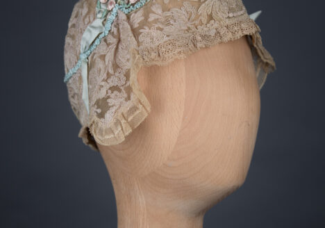 Lace & Silk Ribbonwork Boudoir Cap With Eau-De-Nil Bow, c. 1920s, UK. The Underpinnings Museum. Photography by Tigz Rice