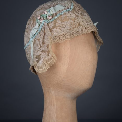 Lace & Silk Ribbonwork Boudoir Cap With Eau-De-Nil Bow, c. 1920s, UK. The Underpinnings Museum. Photography by Tigz Rice