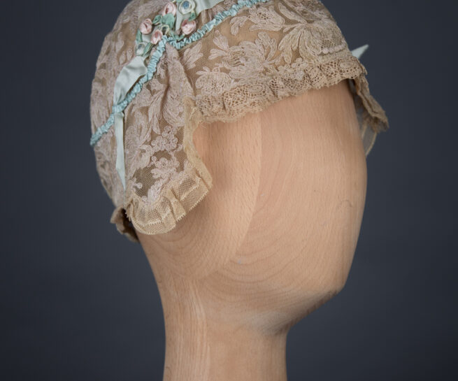 Lace & Silk Ribbonwork Boudoir Cap With Eau-De-Nil Bow, c. 1920s, UK. The Underpinnings Museum. Photography by Tigz Rice
