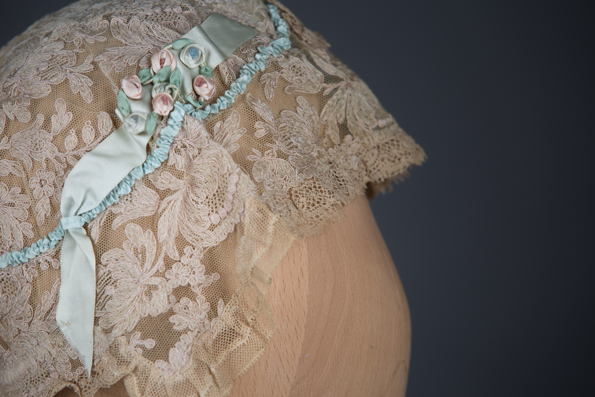Lace & Silk Ribbonwork Boudoir Cap With Eau-De-Nil Bow, c. 1920s, UK. The Underpinnings Museum. Photography by Tigz Rice