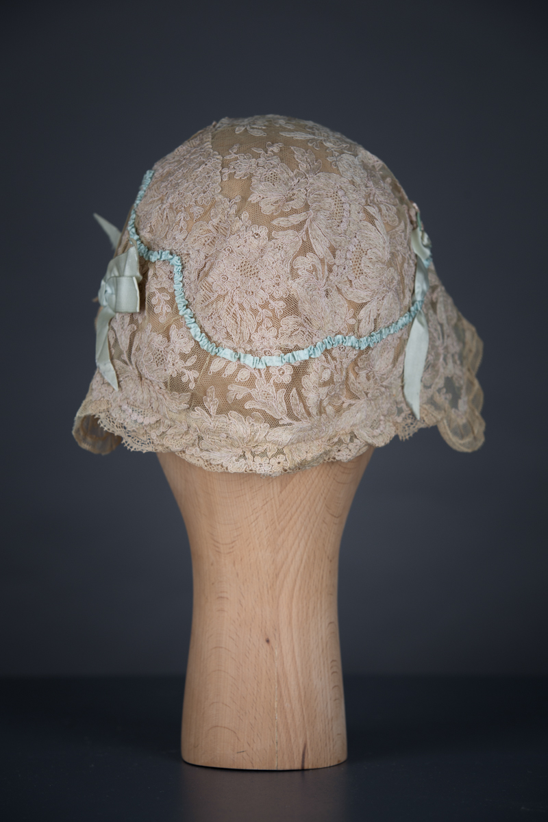 Lace & Silk Ribbonwork Boudoir Cap With Eau-De-Nil Bow, c. 1920s, UK. The Underpinnings Museum. Photography by Tigz Rice
