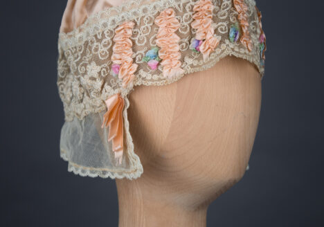Rayon Satin & Silk Ribbonwork Boudoir Cap, c. 1920s, UK. The Underpinnings Museum. Photography by Tigz Rice
