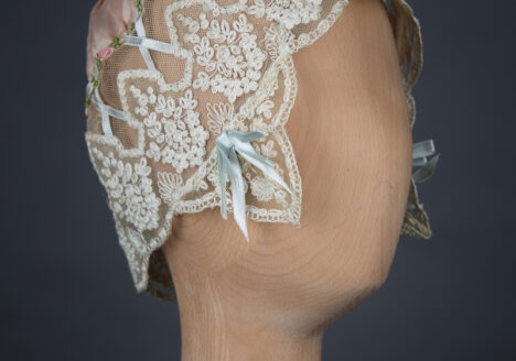 Silk & Schiffli Embroidery Boudoir Cap With Ribbon Lattice, c. 1920s, UK. The Underpinnings Musuem. Photography by Tigz Rice