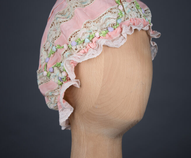 Silk Crepe & Insertion Lace Boudoir Cap With Silk Ribbonwork & Pin Tucks, c.1920s, UK. The Underpinnings Museum. Photography by Tigz Rice