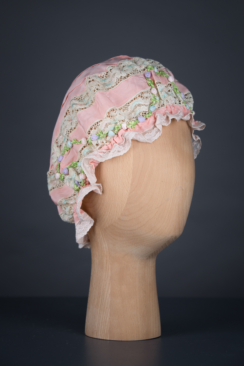 Silk Crepe & Insertion Lace Boudoir Cap With Silk Ribbonwork & Pin Tucks, c.1920s, UK. The Underpinnings Museum. Photography by Tigz Rice