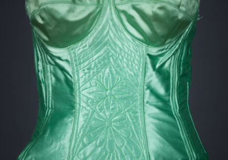 Green Rayon Satin Corselet With Freehand Quilting, c. 1950s, Poland. The Underpinnings Museum. Photography by Tigz Rice