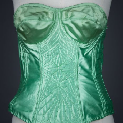 Green Rayon Satin Corselet With Freehand Quilting, c. 1950s, Poland. The Underpinnings Museum. Photography by Tigz Rice