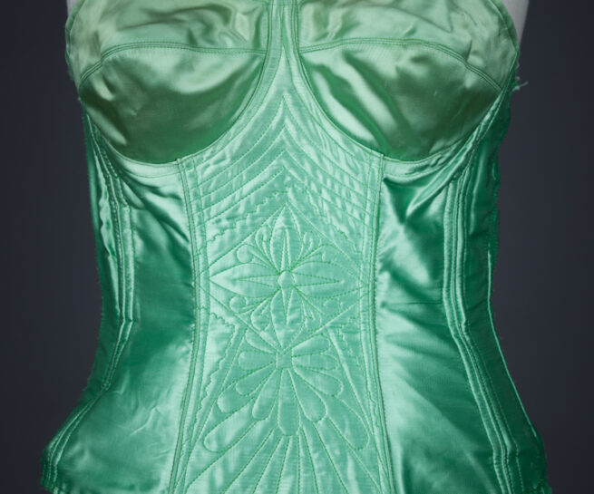 Green Rayon Satin Corselet With Freehand Quilting, c. 1950s, Poland. The Underpinnings Museum. Photography by Tigz Rice