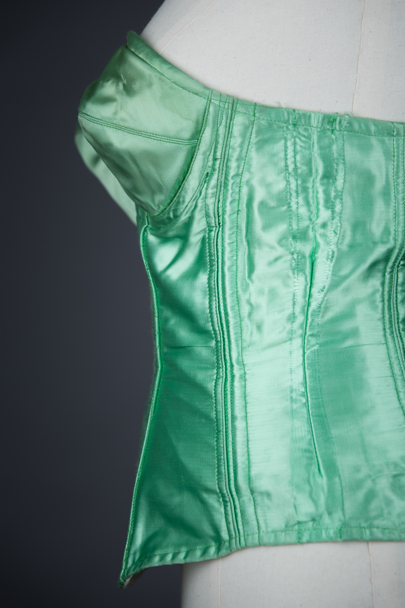 Green Rayon Satin Corselet With Freehand Quilting, c. 1950s, Poland. The Underpinnings Museum. Photography by Tigz Rice